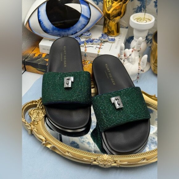 🆕 KURT GEIGER LONDON 🧿 NWOB Brixton Poolslide, Blue Green Crystals - Sz 37 US7 - Picture 4 of 15